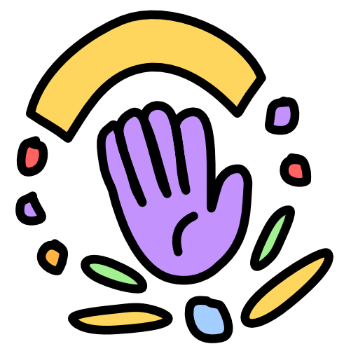A purple hand palm out with black line art sits below a yellow arch. Trailing from the ends of the arch are small circles, 3 on the left, red, purple, yellow, 2 on the right, purple, red. Below the hand and between the dots is another circle, blue, and two pairs of ovals. The bottom pair are almost perpendicular to the blue circle, and are yellow. The second pair is above the bottom pair and align in an acute angle. These ovals are green. This arrangement of shapes makes a circle around the hand.